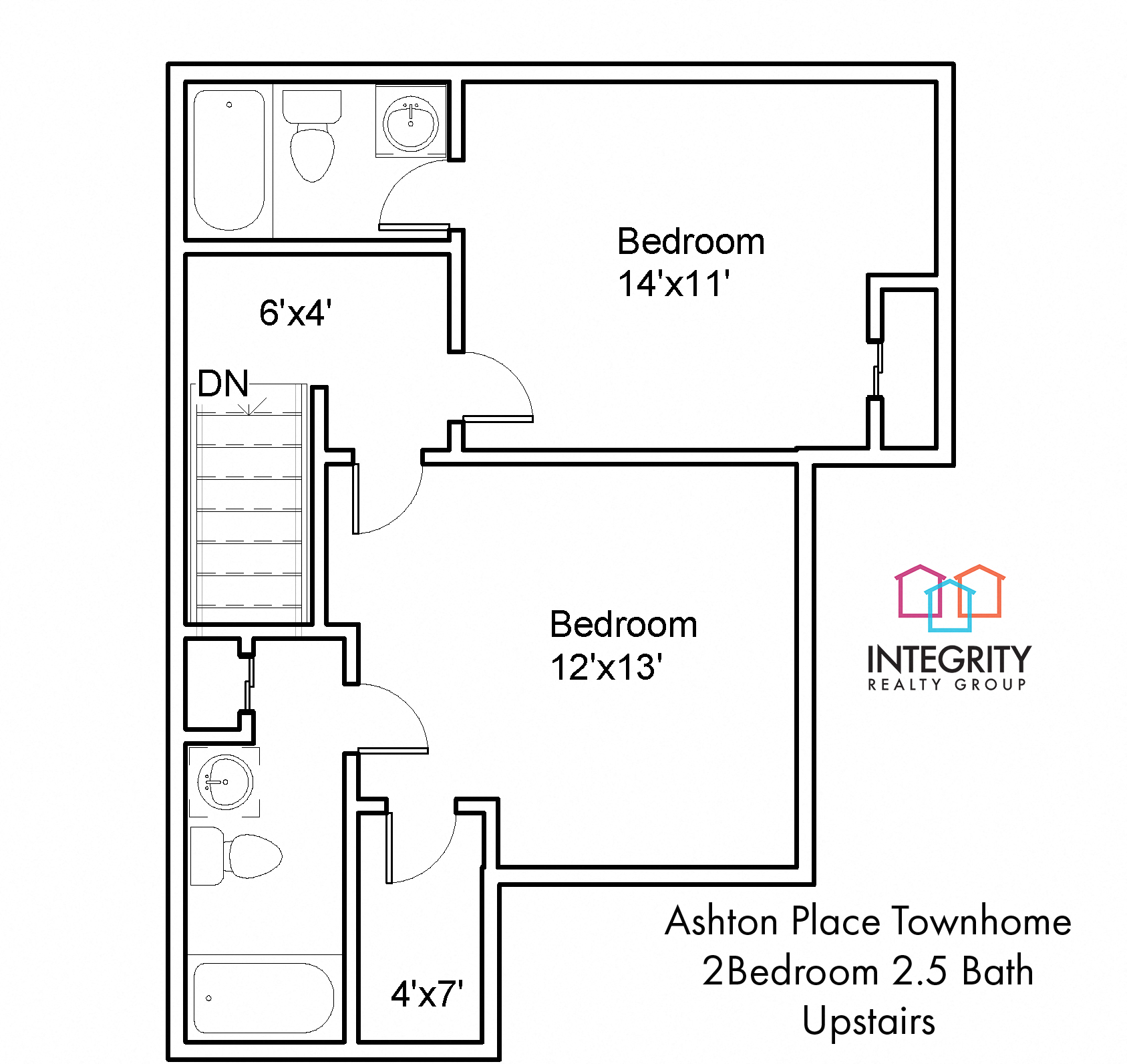Floor plan for 2 beds, 2.5 baths, 1100 sqft